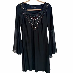 Sue Wong Black Embellished Dress flare sleeves Size 6 Like New
